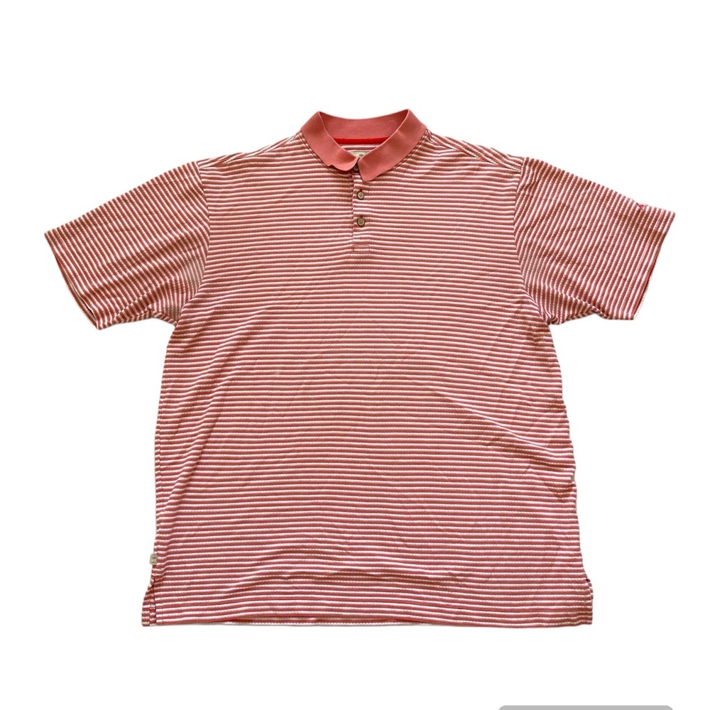 Tommy Bahama Mens XL Polo Pima Cotton Blend Striped Coral & White Logo Aloha